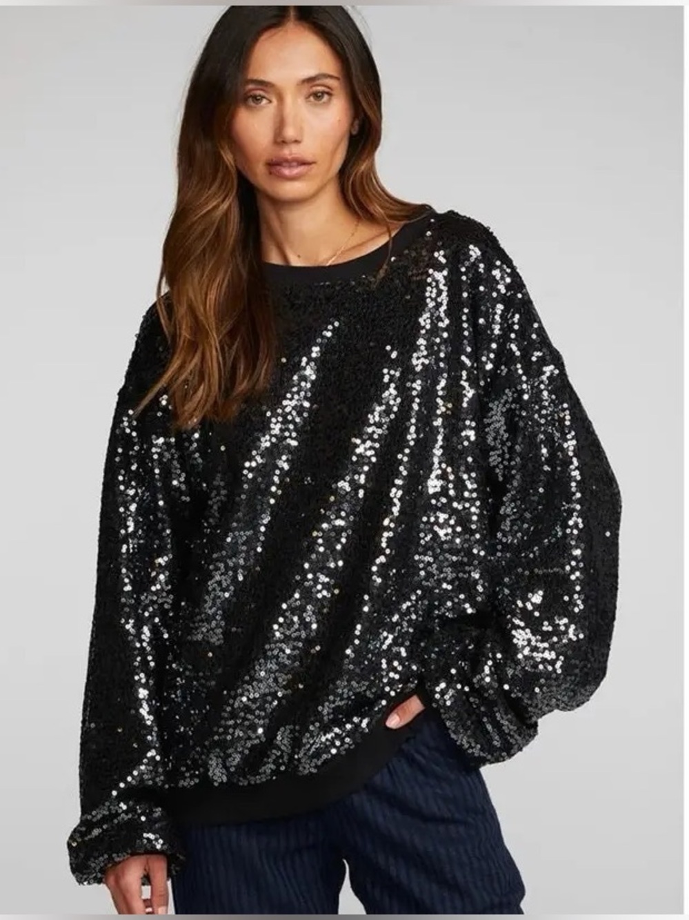 CHASER Cotton Fleece Allover Sequin Crewneck Pullover Oversized Women's S